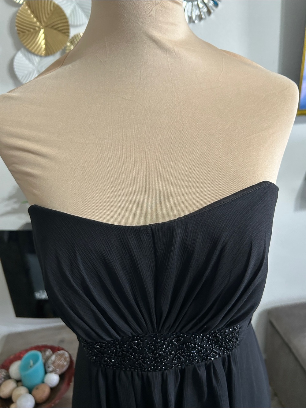 David's ❤️ Bridal Strapless Black Chiffon Evening Gown with Beaded Waist - Picture 3 of 11